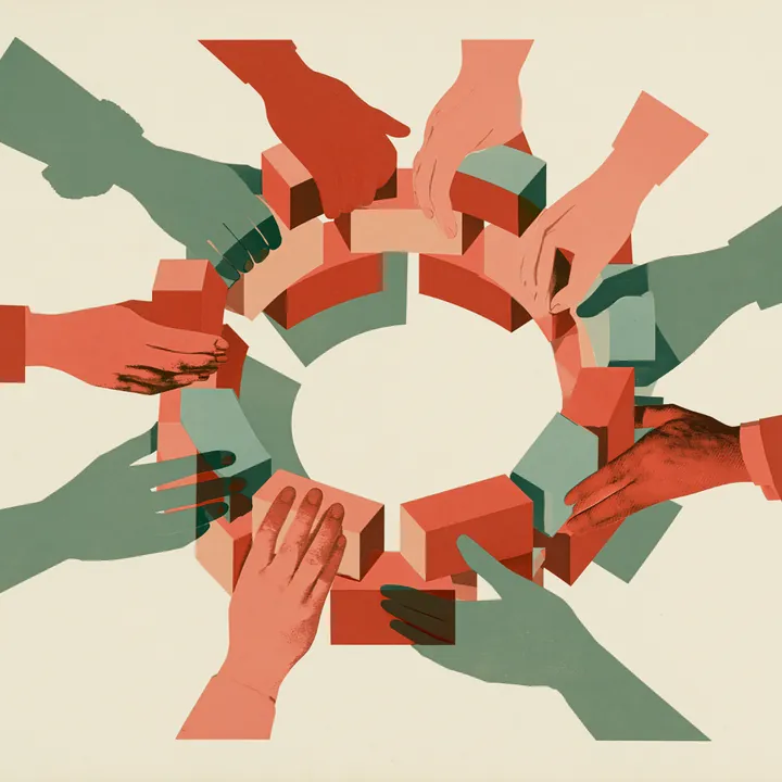 Many hands reaching toward a shared center