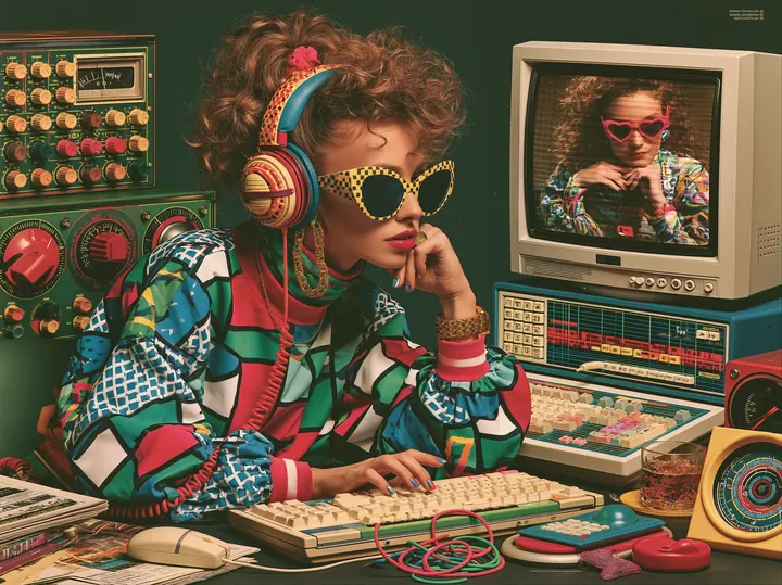 A woman in a bold 80s print and cat-eye sunglasses concentrating at a retro computer, reflected in a CRT monitor